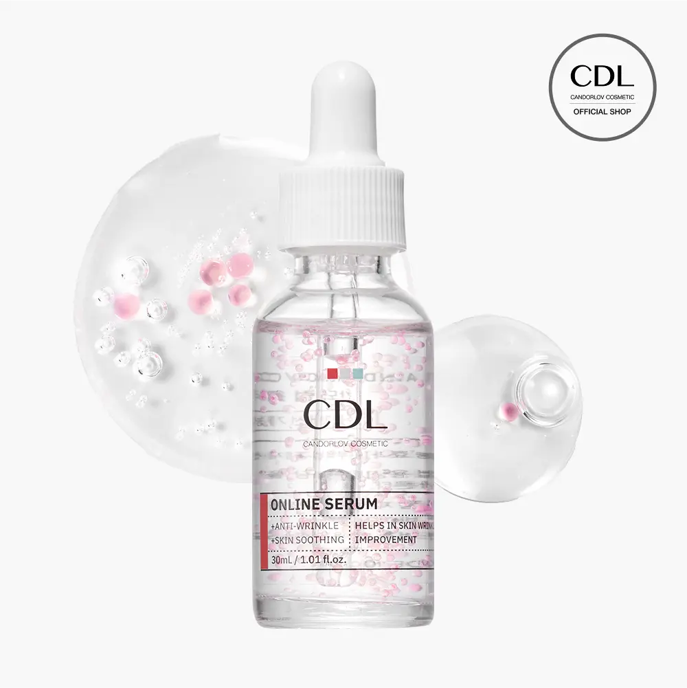 CDL skincare serum bottle with dropper and face mask on a white background