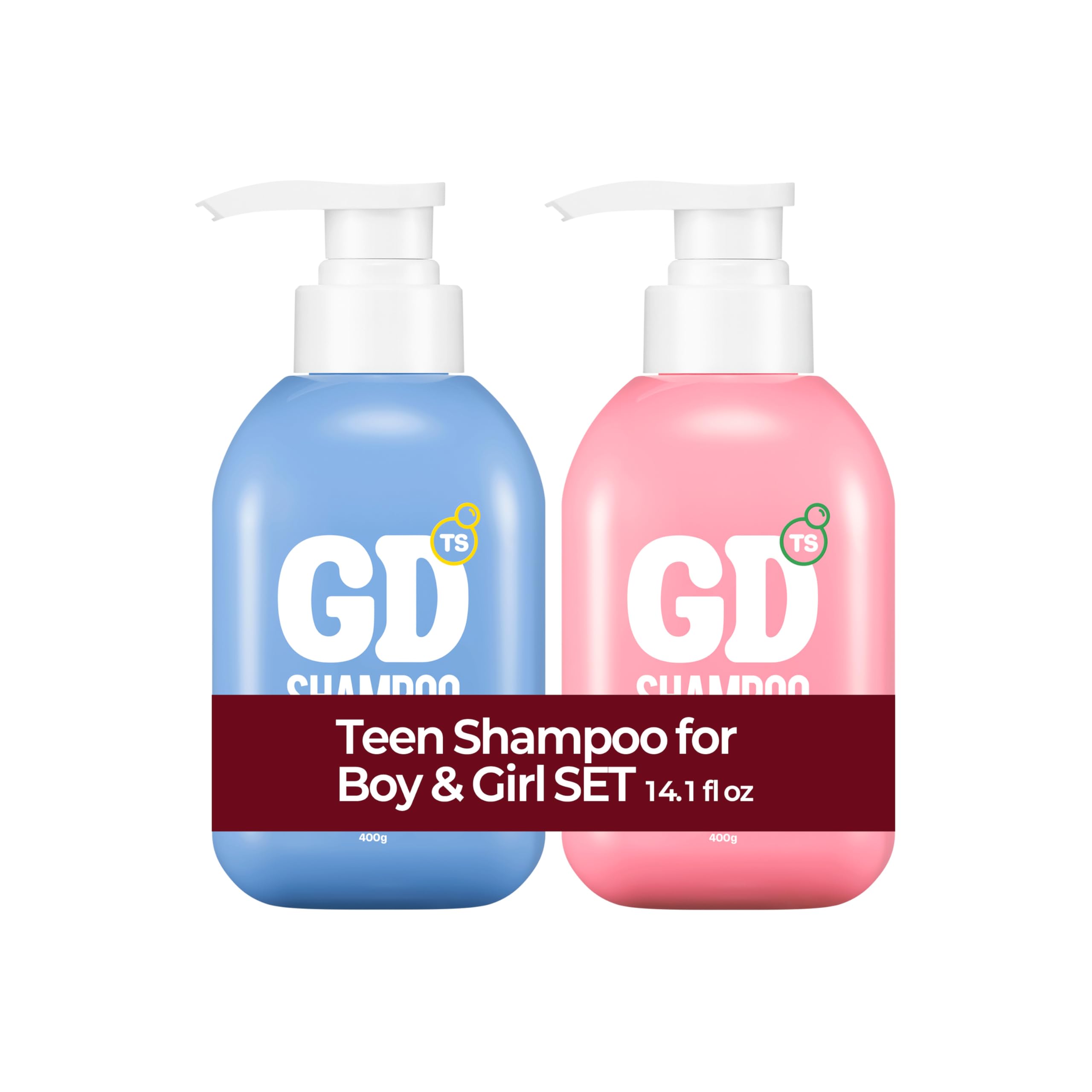 Two bottles of GD Teen Shampoo, one blue and one pink, on a white background.