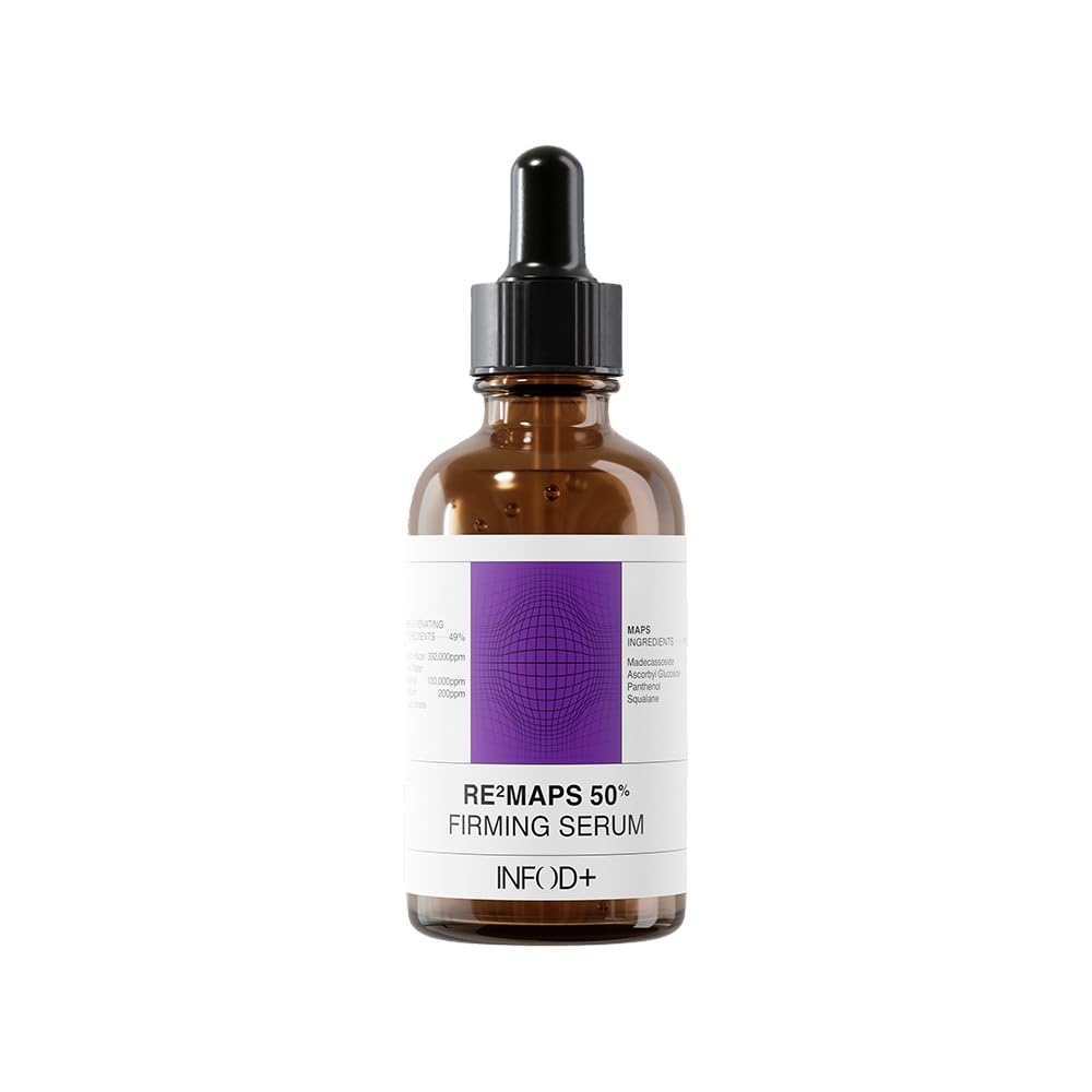 Brown serum bottle with a purple label on a white background