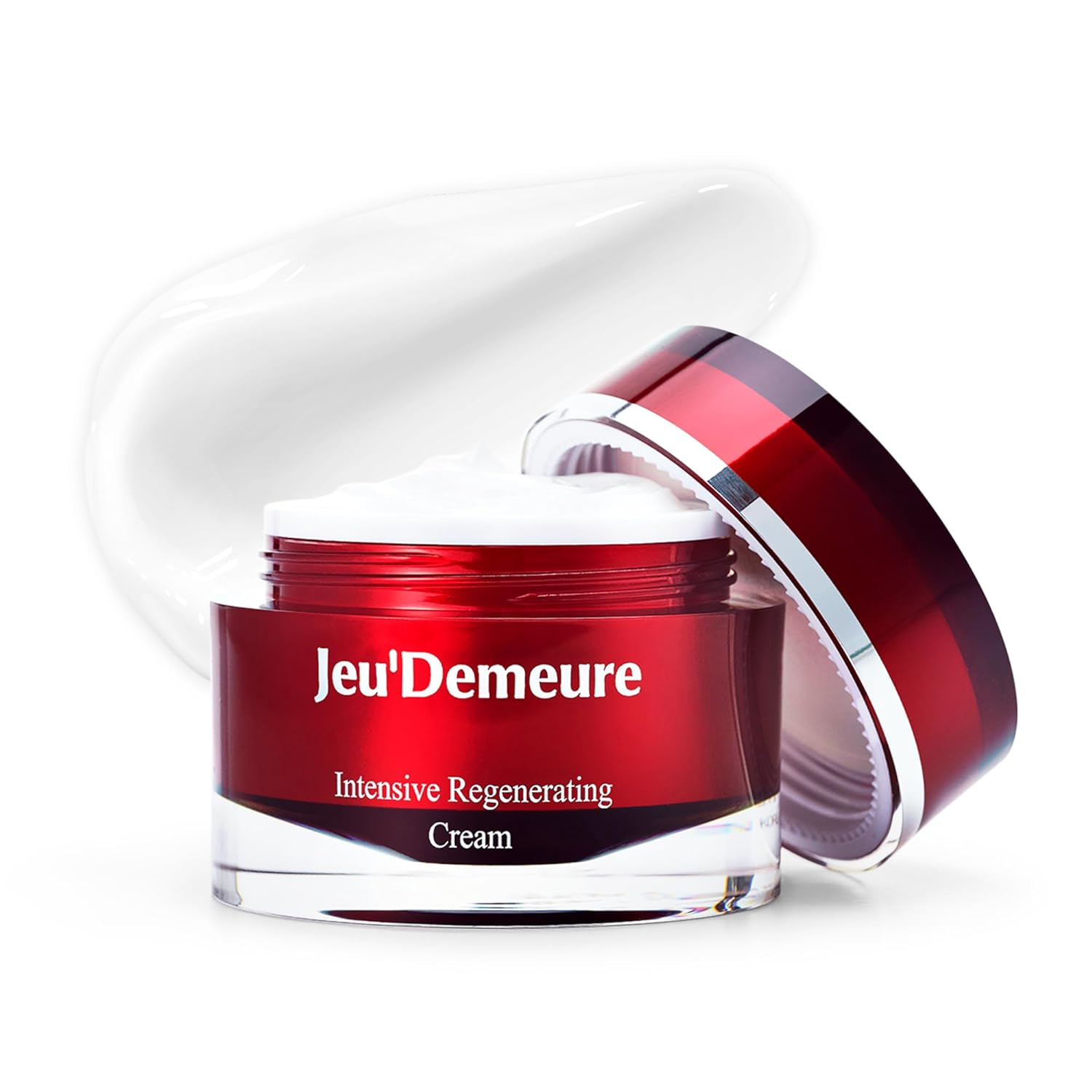 Red jar of Jeu'Demeure Intensive Regenerating Cream on a white background