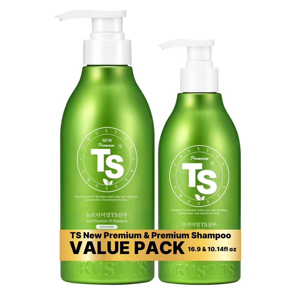Two green shampoo bottles with pump dispensers labeled 'TS' on a white background.