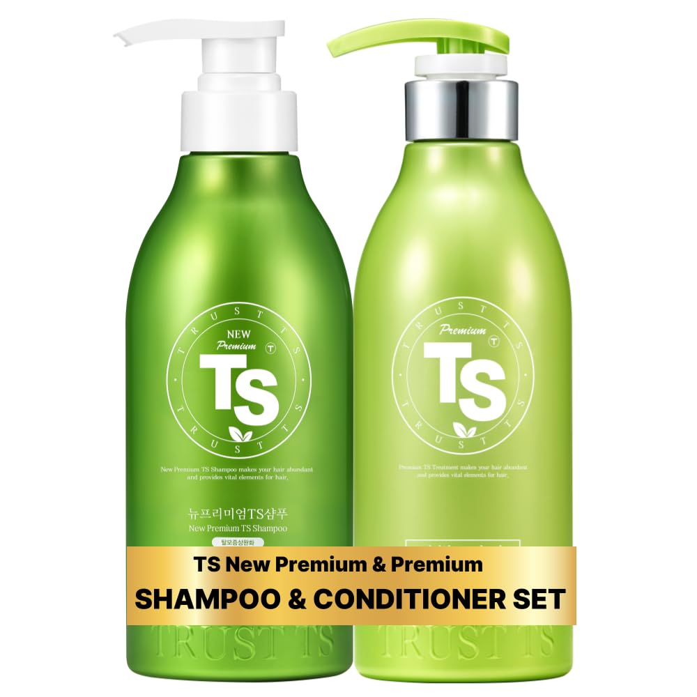 Two green shampoo bottles with 'TS' branding on a white background